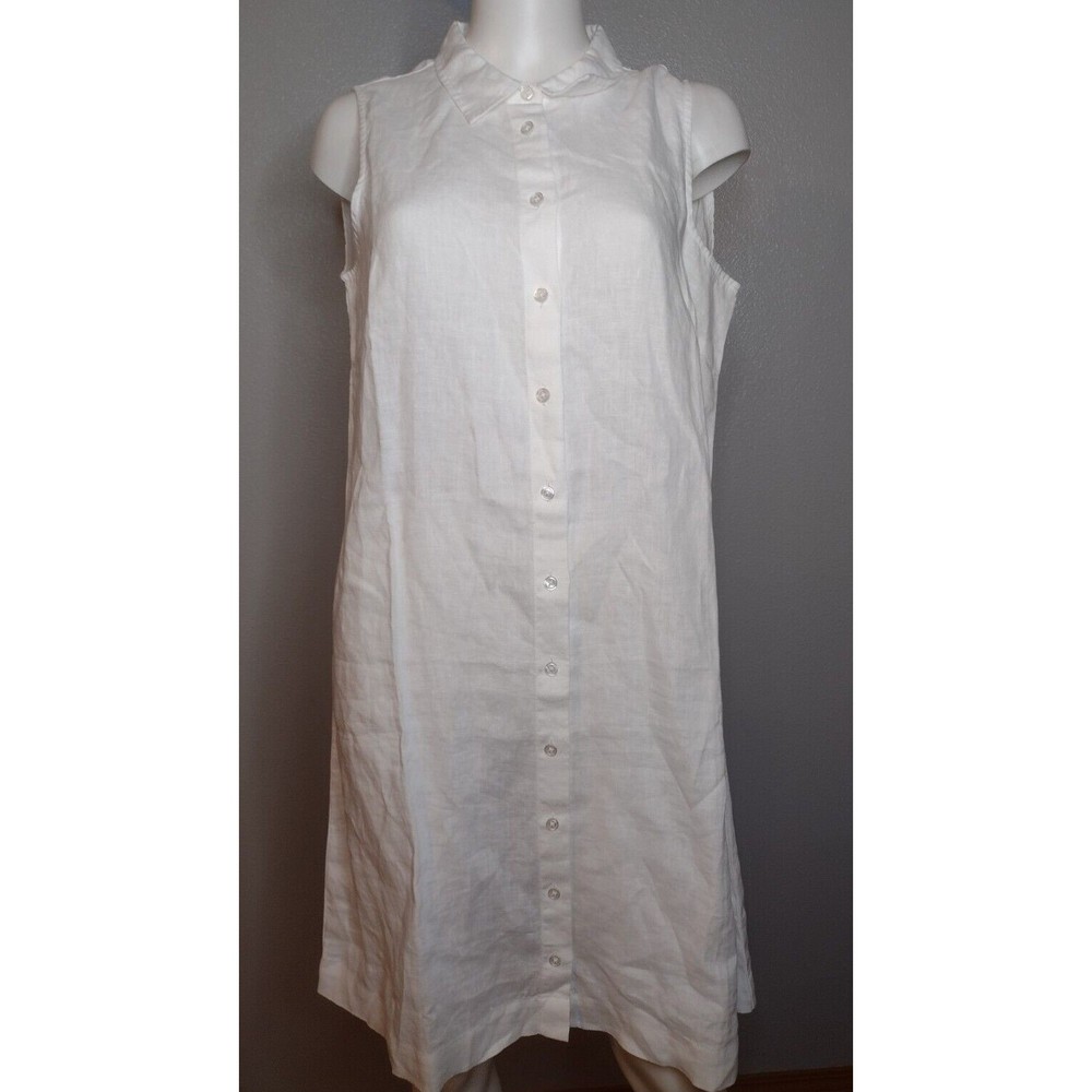 NWT Garnet Hill Women's Linen Shirt Dress 12 White Sleeveless Button Up A4